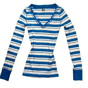 SO Juniors Striped Long Sleeve V Neck Shirt Blue Gray XS